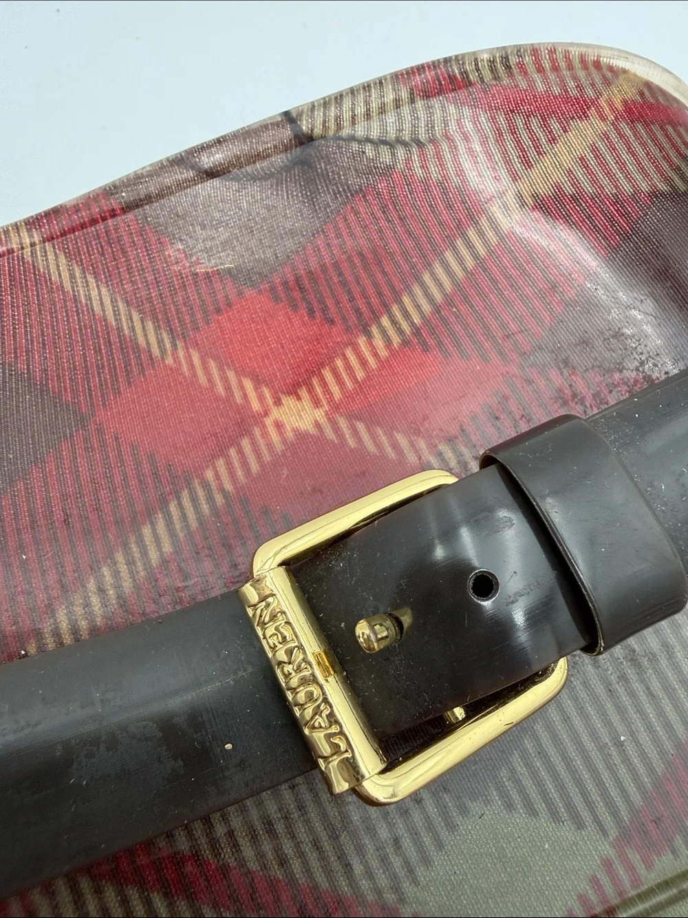 Lauren Ralph Lauren Red Plaid Tall Rain Boots women 6  Black Strap outdoor